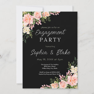 Pink Roses and Greenery   Black Engagement Party Invitation