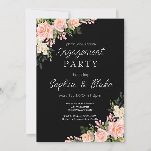 Pink Roses and Greenery  Black Engagement Party Invitation