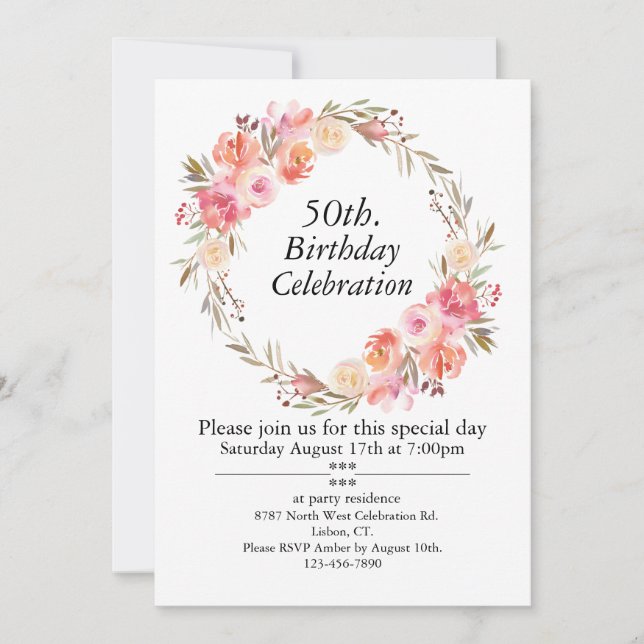 Pink Roses and Greenery, Customizable 50thBirthday Invitation (Front)