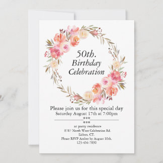 Pink Roses and Greenery, Customizable 50thBirthday Invitation