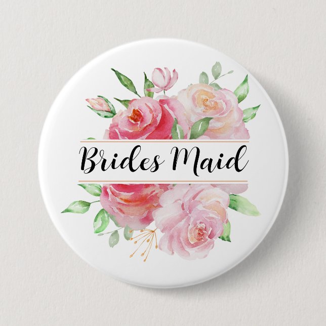 Pink Roses and Greenery Floral Monogram Button (Front)