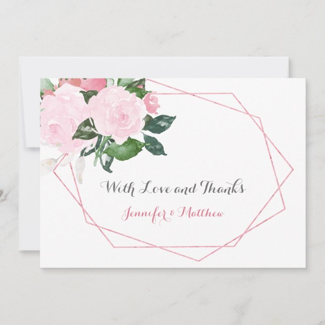 Pink Roses and Greenery Geometric Flat Thank You | Card (Front)