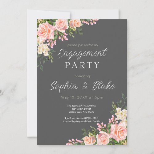 Pink Roses and Greenery  Gray Engagement Party Invitation