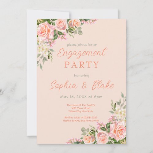 Pink Roses and Greenery  Peach Engagement Party Invitation