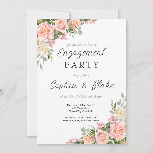 Pink Roses and Greenery  White Engagement Party  Invitation