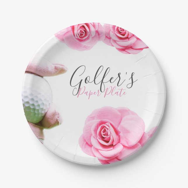 Pink roses and hand holds golf ball Paper Plate (Front)