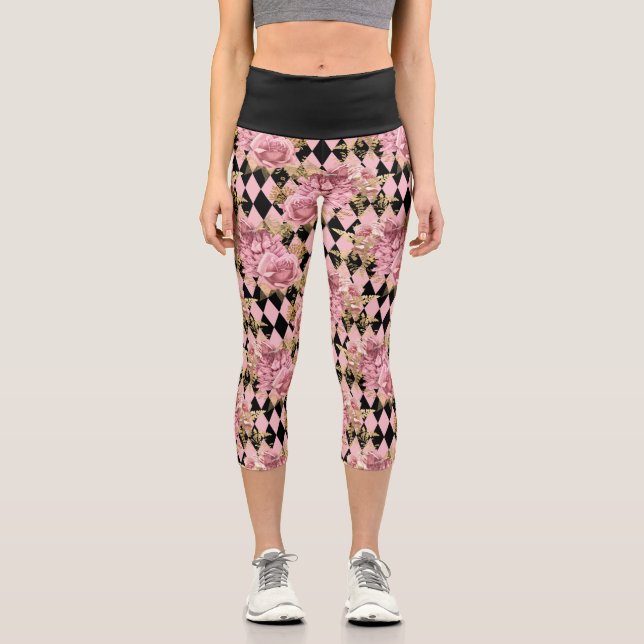 Pink Roses and Harlequin Capri Leggings (Front)