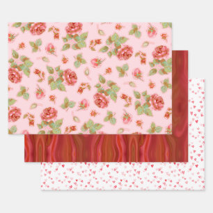 Pink Roses and Hearts Wrapping paper Sheet Set