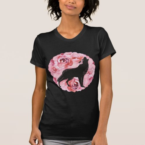 Pink Roses and Howling Black Wolf Shirt