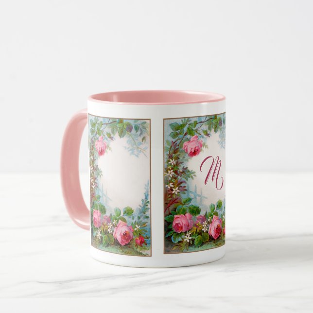 PINK ROSES AND JASMINES FLORAL MONOGRAM MUG (Front Left)