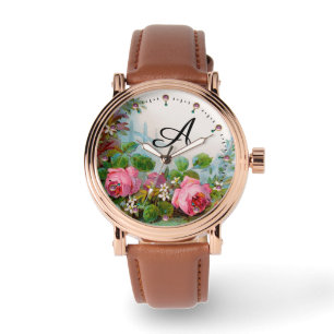PINK ROSES AND JASMINES,FLORAL MONOGRAM WATCH