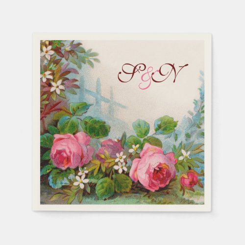 PINK ROSES AND JASMINES FLORAL WEDDING MONOGRAM NAPKINS