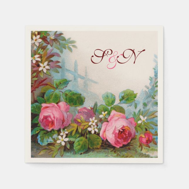 PINK ROSES AND JASMINES FLORAL WEDDING MONOGRAM NAPKINS (Front)