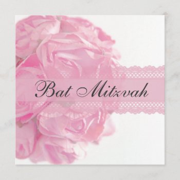 Pink Roses And Lace Bat Mitzvah Invitation by Mintleafstudio at Zazzle