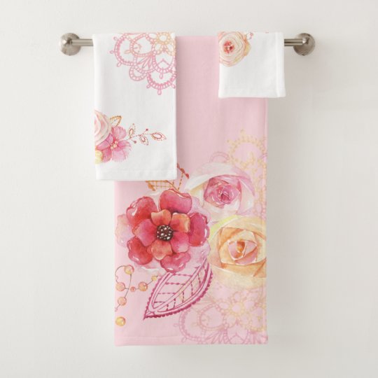Pink Roses and Lace Floral Bath Towel Set