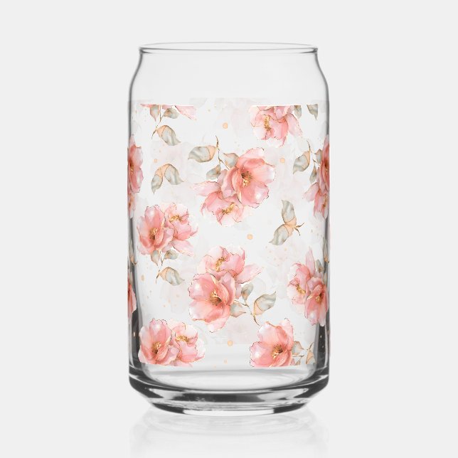 Pink Roses and Leaves Can Glass (Front)
