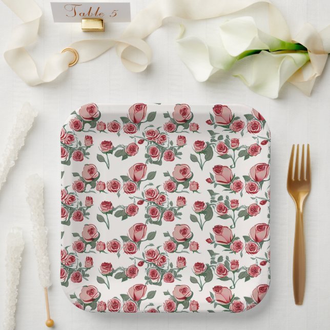Pink Roses and Leaves Pattern Paper Plates (Wedding)