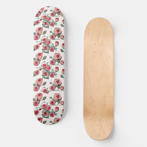 Pink Roses and Leaves Pattern Skateboard