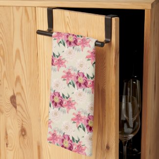 Pink Roses and Lilies Botanical Kitchen Towels