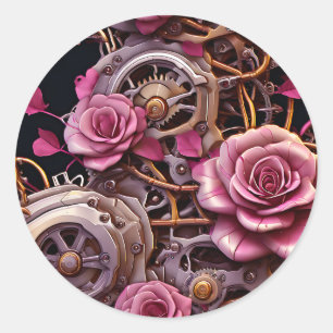 Pink Roses and Metal Gears Steampunk Classic Round Sticker