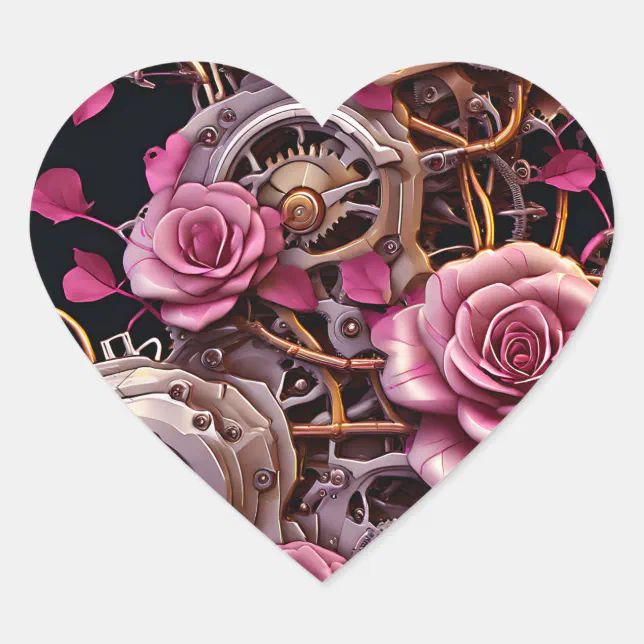 Pink Roses and Metal Gears Steampunk Heart Sticker | Zazzle