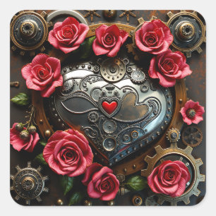Pink Roses and Metal Heart and Gears Steampunk Square Sticker