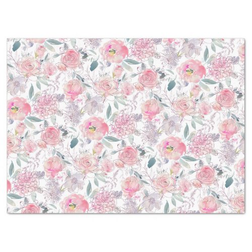 Pink Roses and Mixed Floral Watercolor Pattern Tissue Paper
