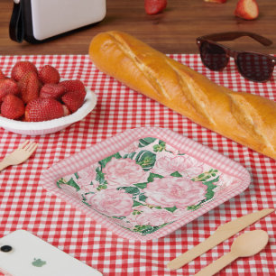 Pink Roses and Monstera Elegant 7in Summer Party  Paper Plates