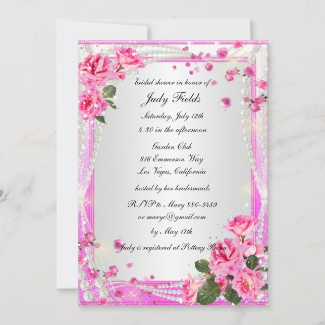 Pink Roses And Pearls Bridal Shower Invitation (Front)