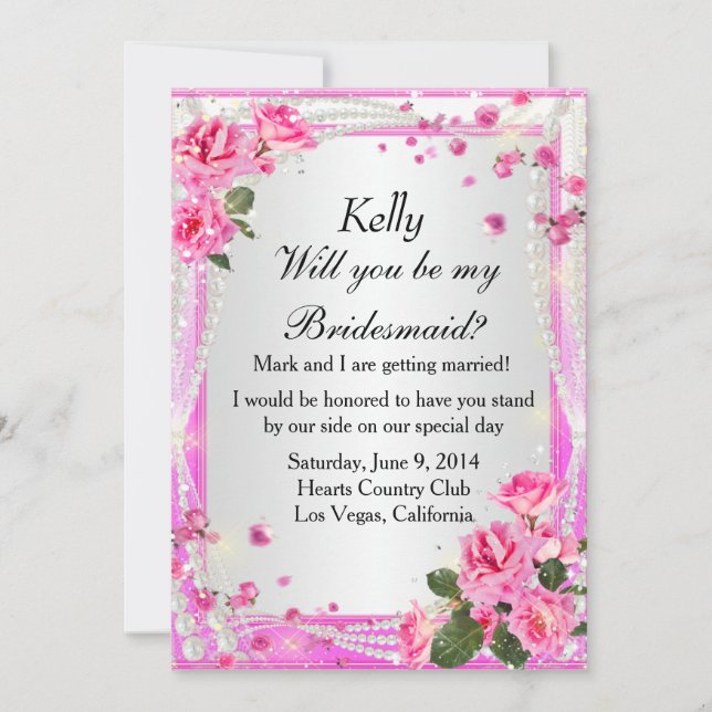 Pink Roses And Pearls Bridesmaid Card (Front)