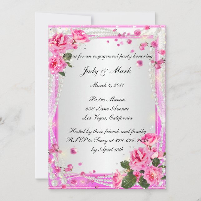 Pink Roses And Pearls Engagement Party Invitation (Front)