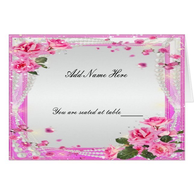 Pink Roses And Pearls Folded Table Place Card (Front Horizontal)