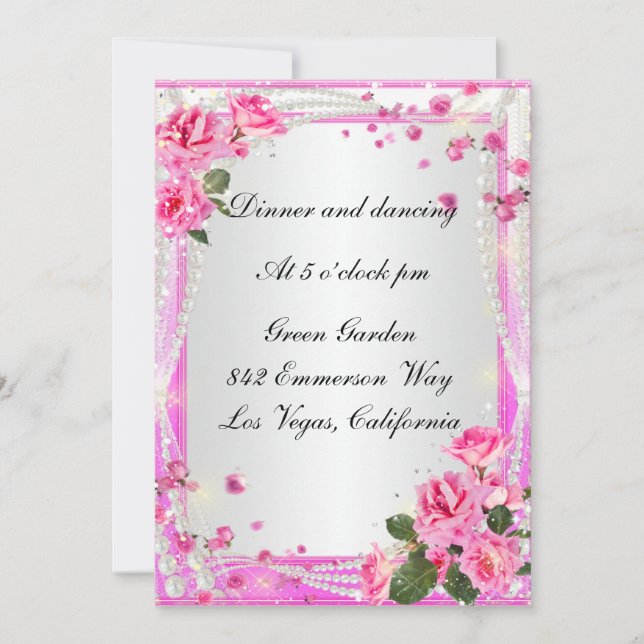 Pink Roses And Pearls Reception Card (Front)
