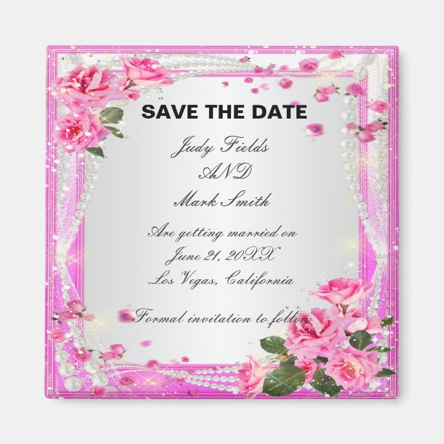 Pink Roses And Pearls Save The Date Magnet (Front)