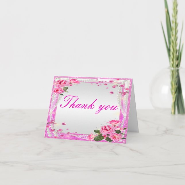 Pink Roses And Pearls Thank You Card (Front)