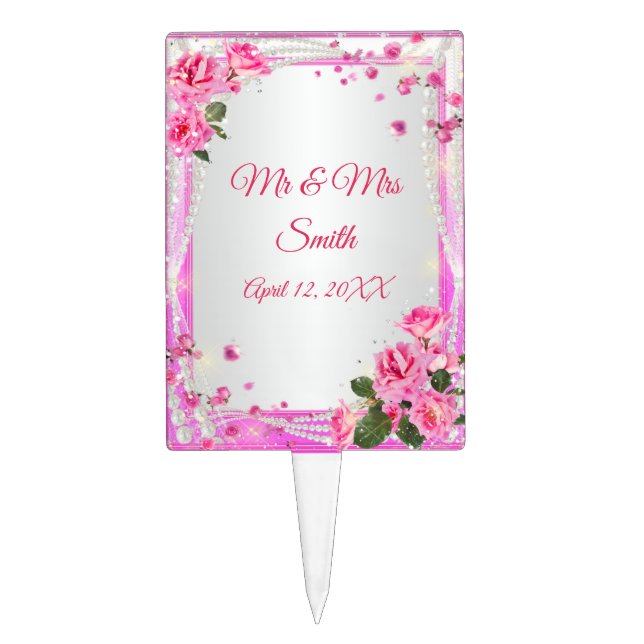 Pink Roses And Pearls Wedding Cake Topper (Front)