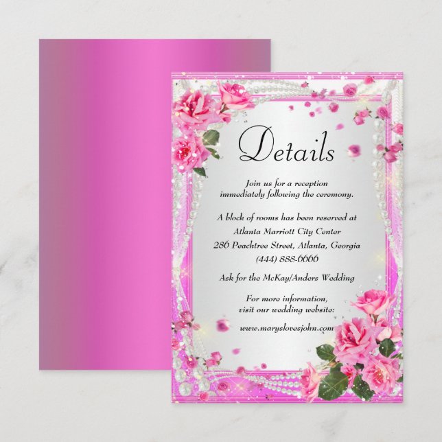 Pink Roses And Pearls Wedding Details Enclosure Card (Front/Back)