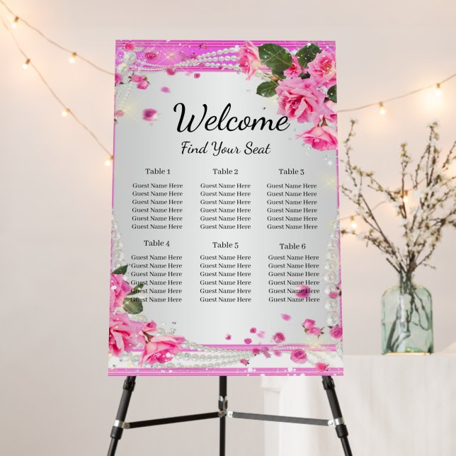 Pink Roses And Pearls Wedding Seating Chart Foam Board (In Situ (Stand))