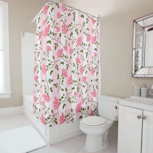 Pink Roses And Pink Stripes White Background Shower Curtain
