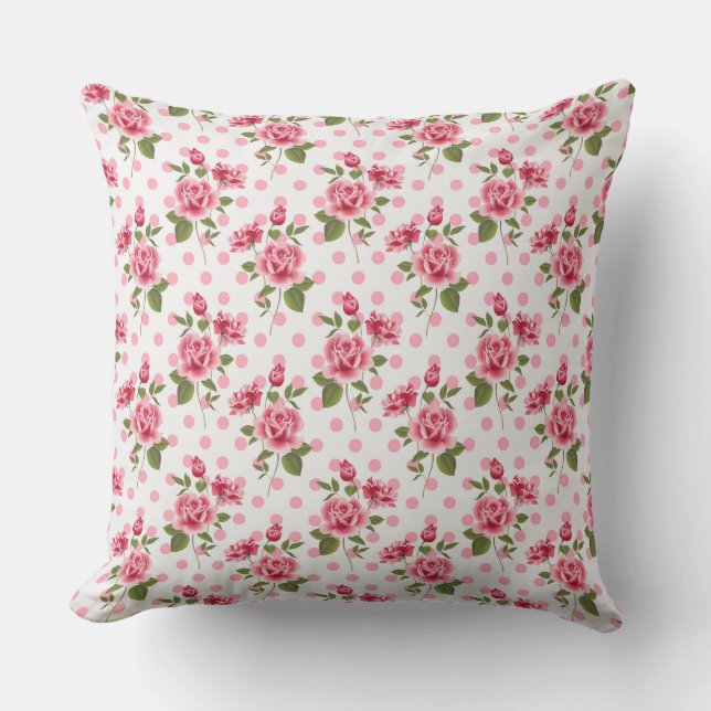 Pink Roses and Polka Dots, Throw Pillow 20" x 20" (Front)