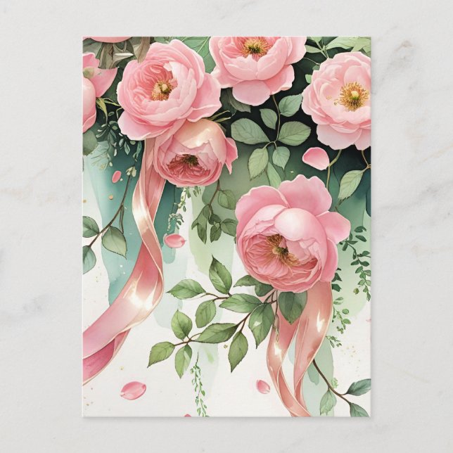 Pink Roses and Ribbons Postcard (Front)