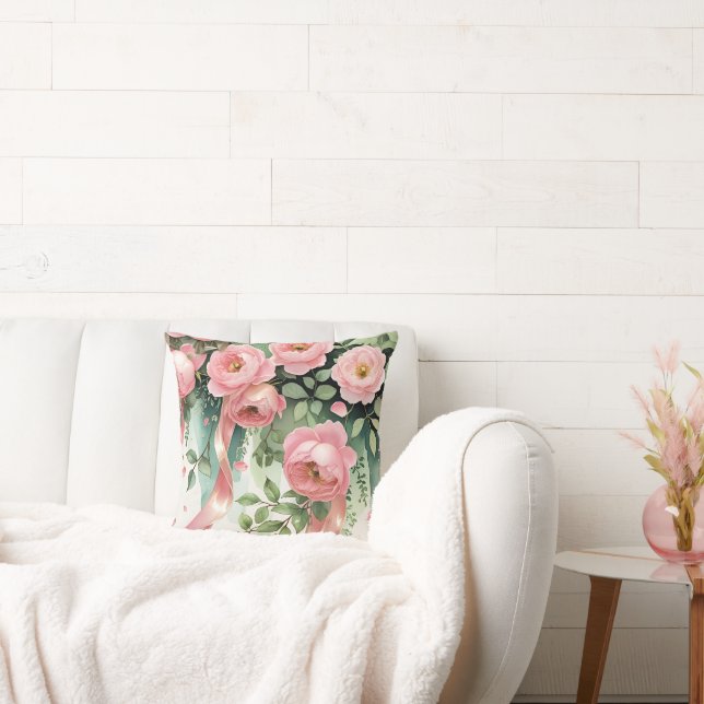 Pink Roses and Ribbons Throw Pillow (Couch)