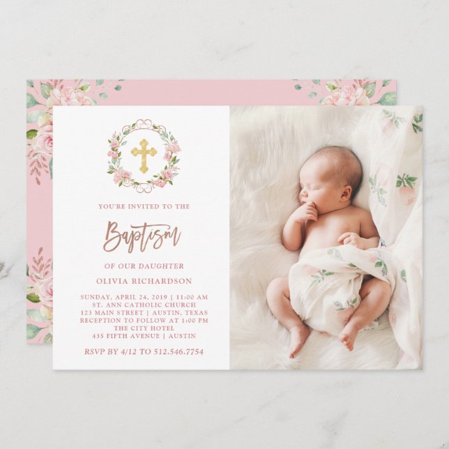 Pink Roses and Rose Gold Script | Photo Baptism Invitation (Front/Back)
