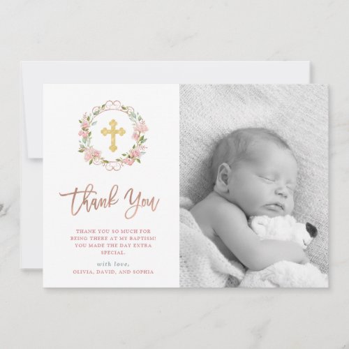Pink Roses and Rose Gold Script  Photo Baptism Thank You Card
