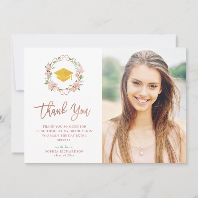Pink Roses and Rose Gold Script | Photo Graduation Thank You Card (Front)