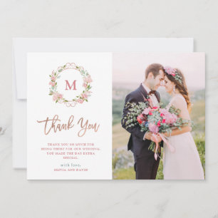 Pink Roses and Rose Gold Script   Photo Wedding Thank You Card