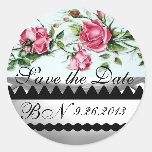 PINK ROSES AND ROSEBUDS Save The Date Monogram Classic Round Sticker (Front)