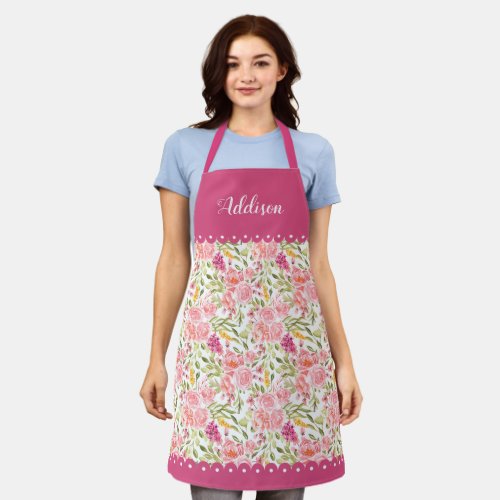 Pink roses and scalloped borders floral pattern apron