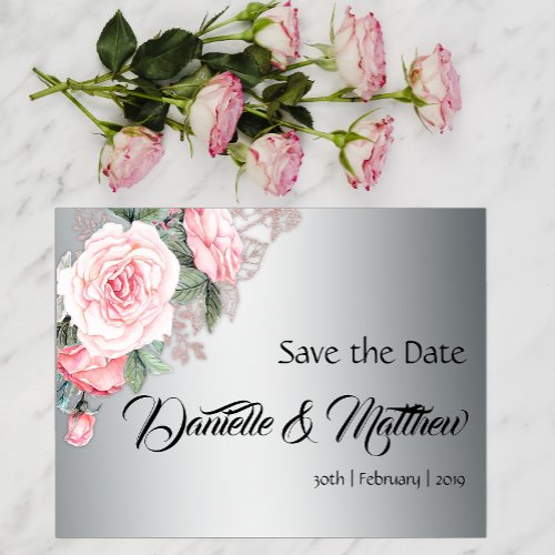 Pink Roses and Silver Wedding Save the Date Announcement Postcard