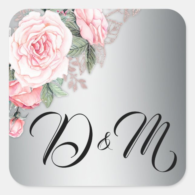 Pink Roses and Silver Wedding Square Sticker (Front)